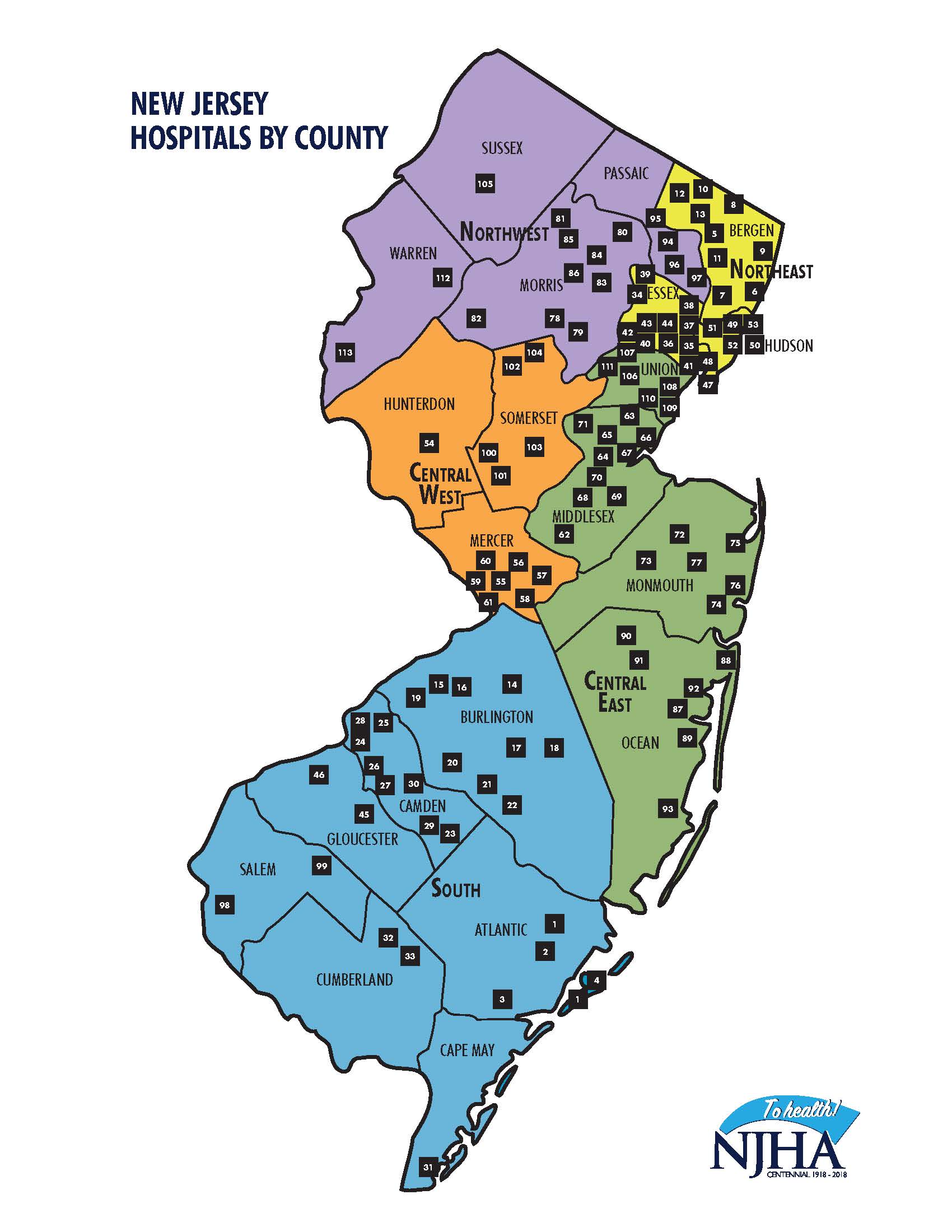Map of New Jersey hospitals by county