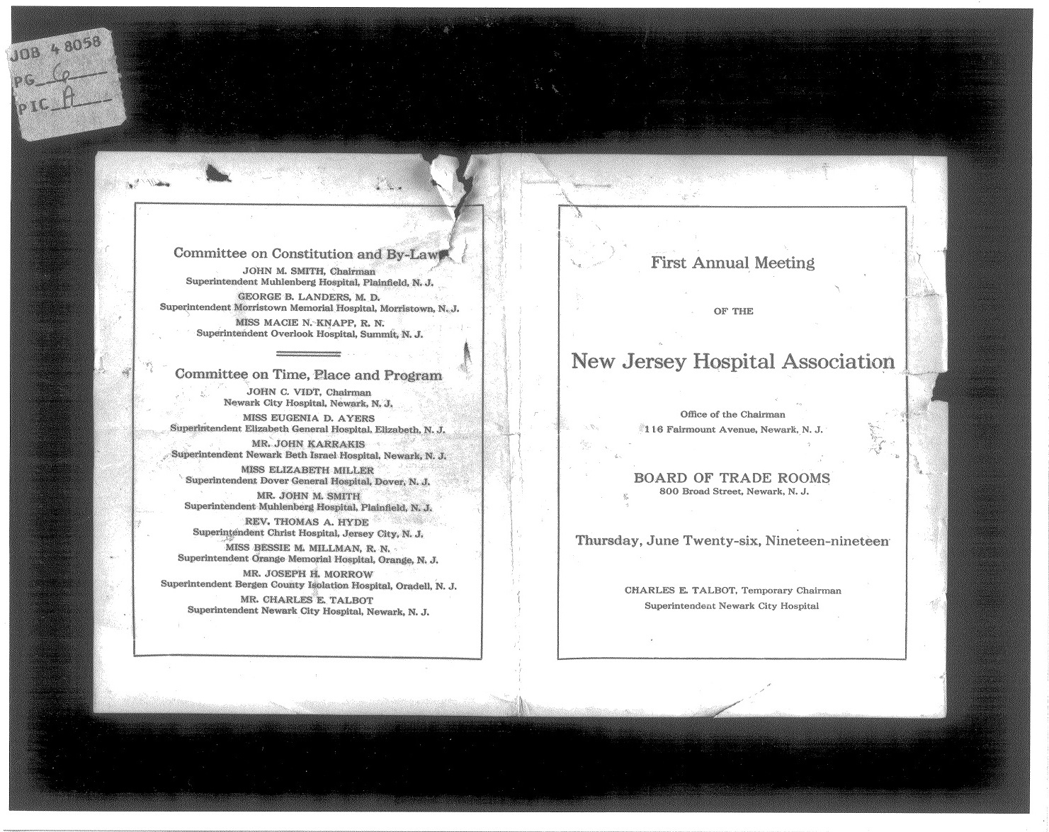 A program from the first NJHA Annual Meeting, in Newark.