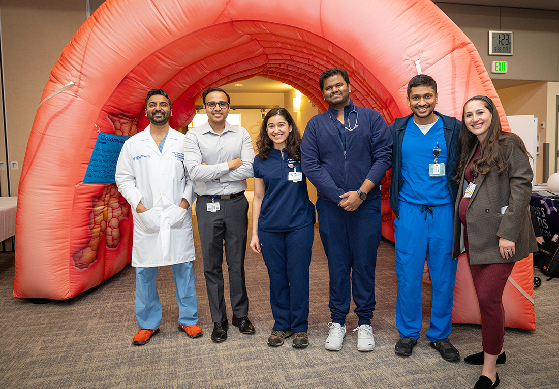 Education and Learning features an image of 6 St. Peter's Health staff standing in front of an oversized, inflated colon balloon