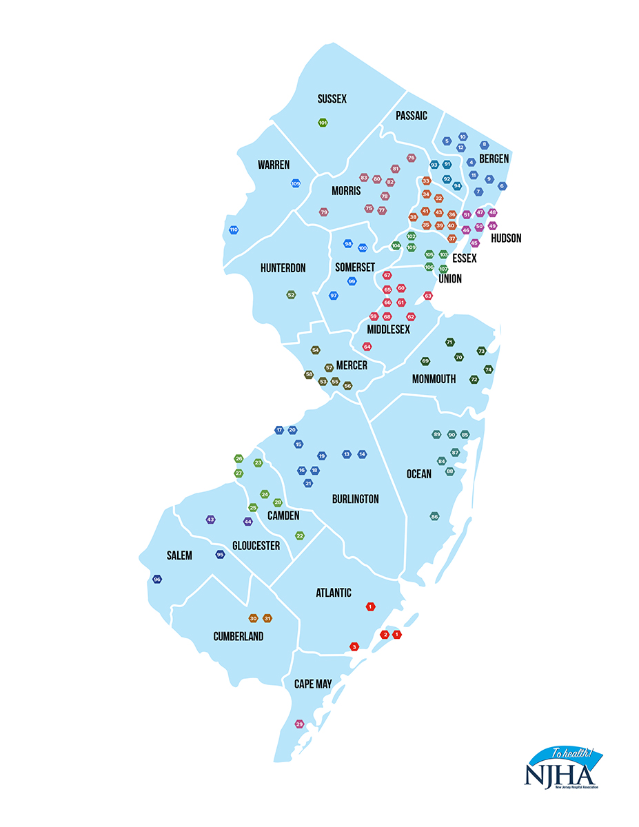 Map of New Jersey hospitals by county